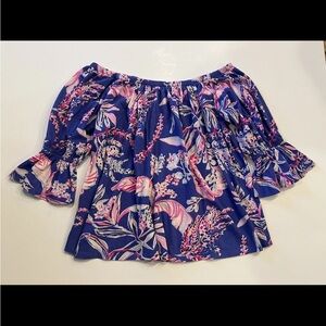 LILLY PULITZER Off The Shoulder Top Purple Pink Floral Cotton Blend Stretch XS